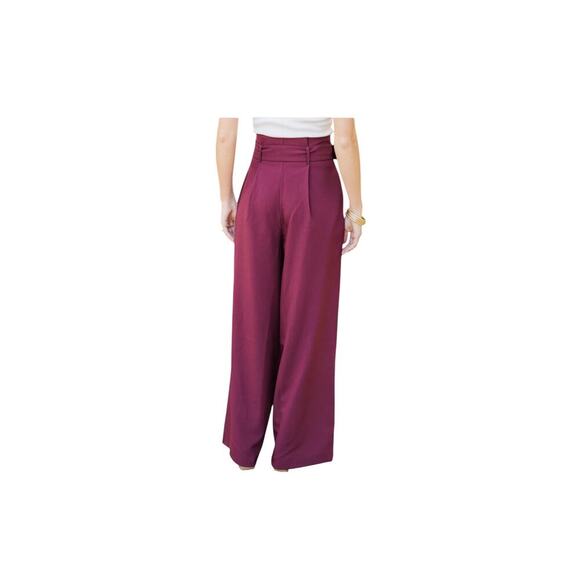 Shop the Mint Burgundy Red Wide Leg Trousers. Paper bag belted waist. Size-S - Picture 2 of 8